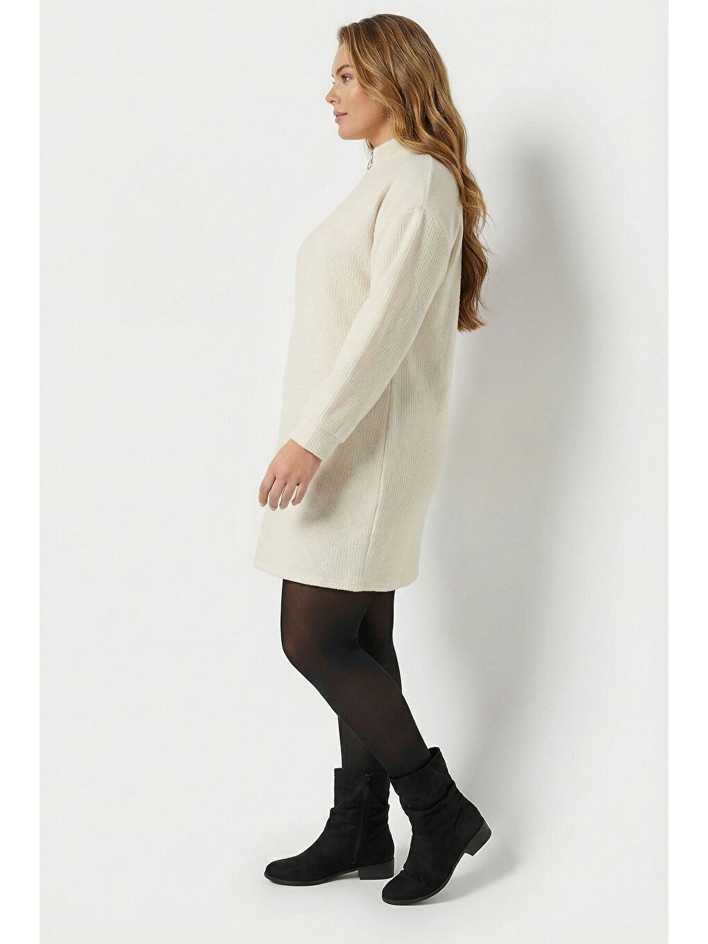 Ekru Büyük Beden Krem Fermuarlı Elbise 303967-5