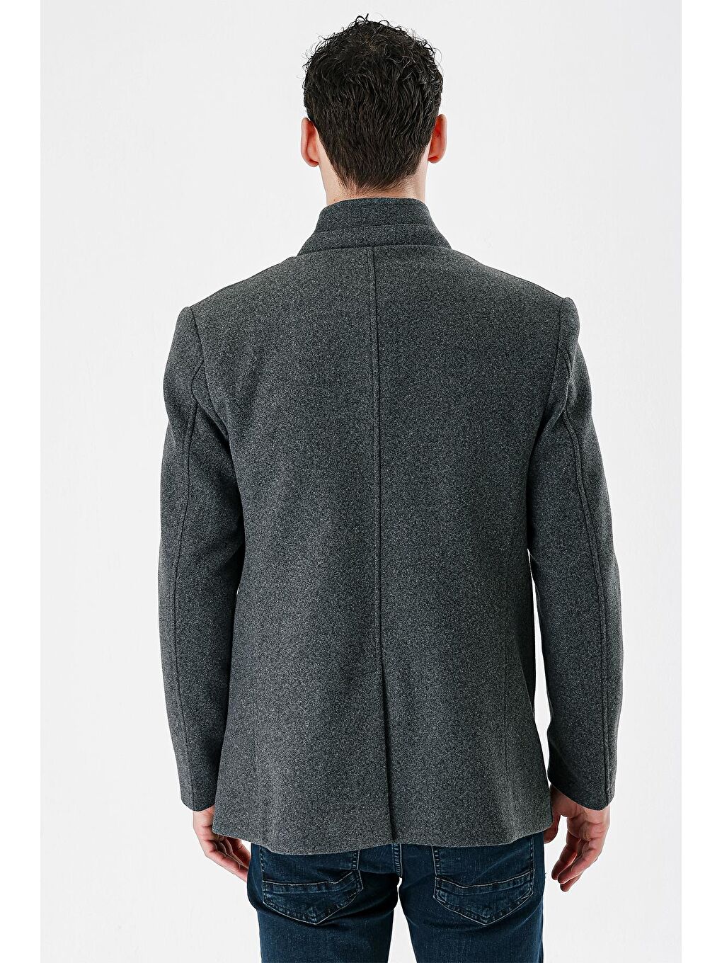 Koyu Antrasit Kaşe Dik Yaka Astarlı Slim Fit Dar Kesim Casual Mont 1007235170-5