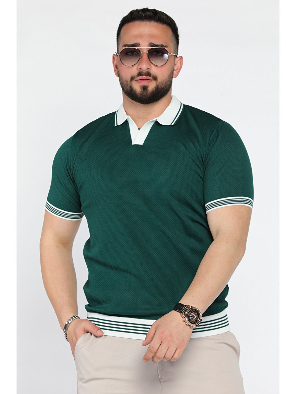 Yeşil Erkek Polo Yaka Desenli Triko Tişört