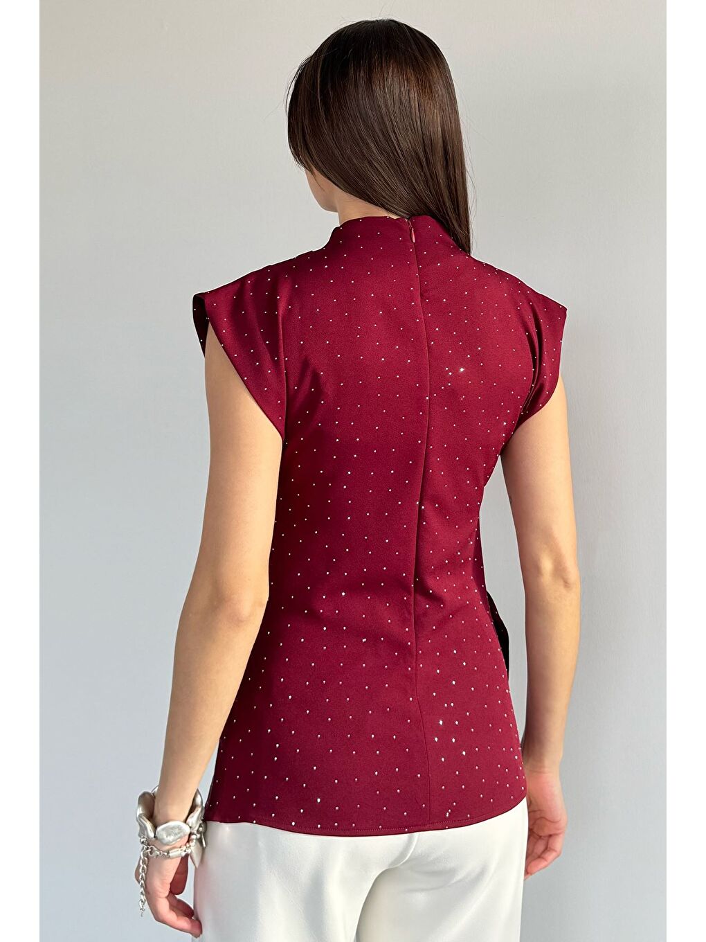 Bordo Kadın Taşlı Kemer Detaylı Bluz-1