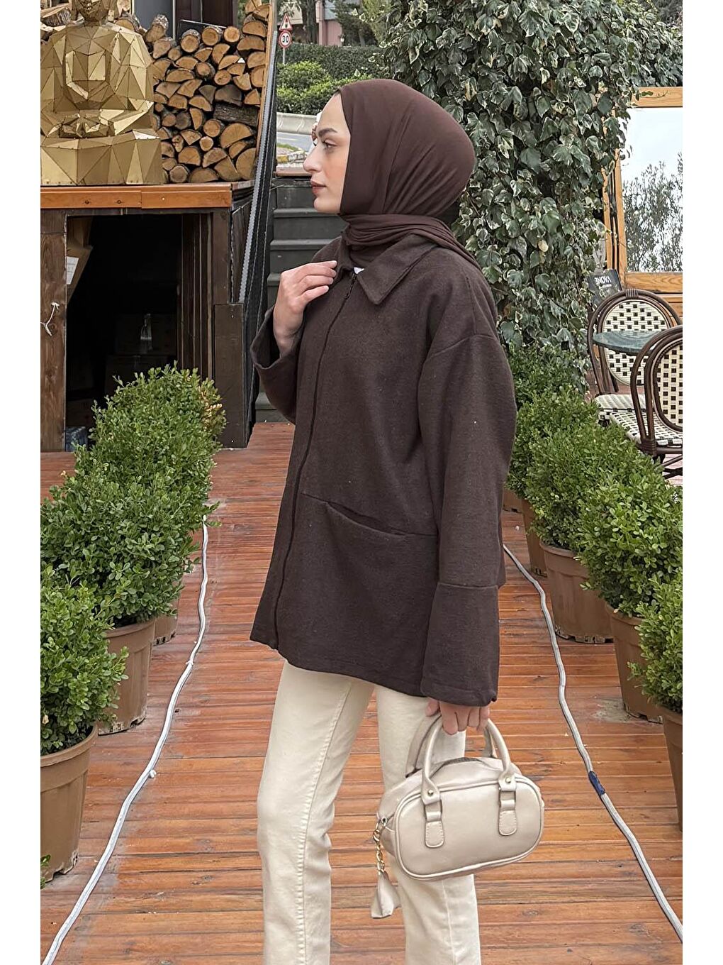 Fermuarlı Tesettür Ceket Acı Kahverengi-1