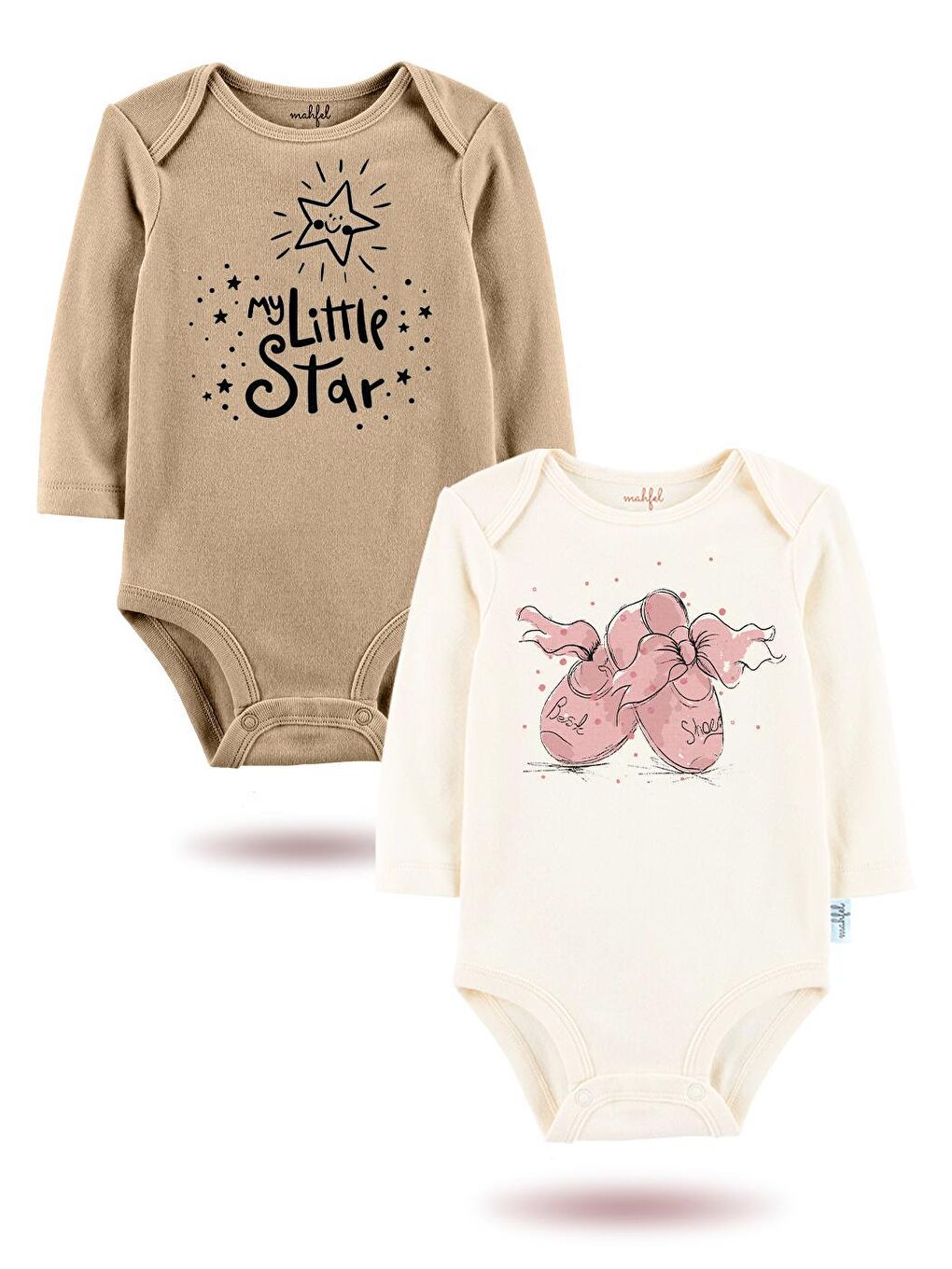 MAHFEL Ekru-Kahverengi 2'Li "MY LİTTLE STAR "Baskılı Uzun Kollu Unisex Bebek Çıtçıtlı Body