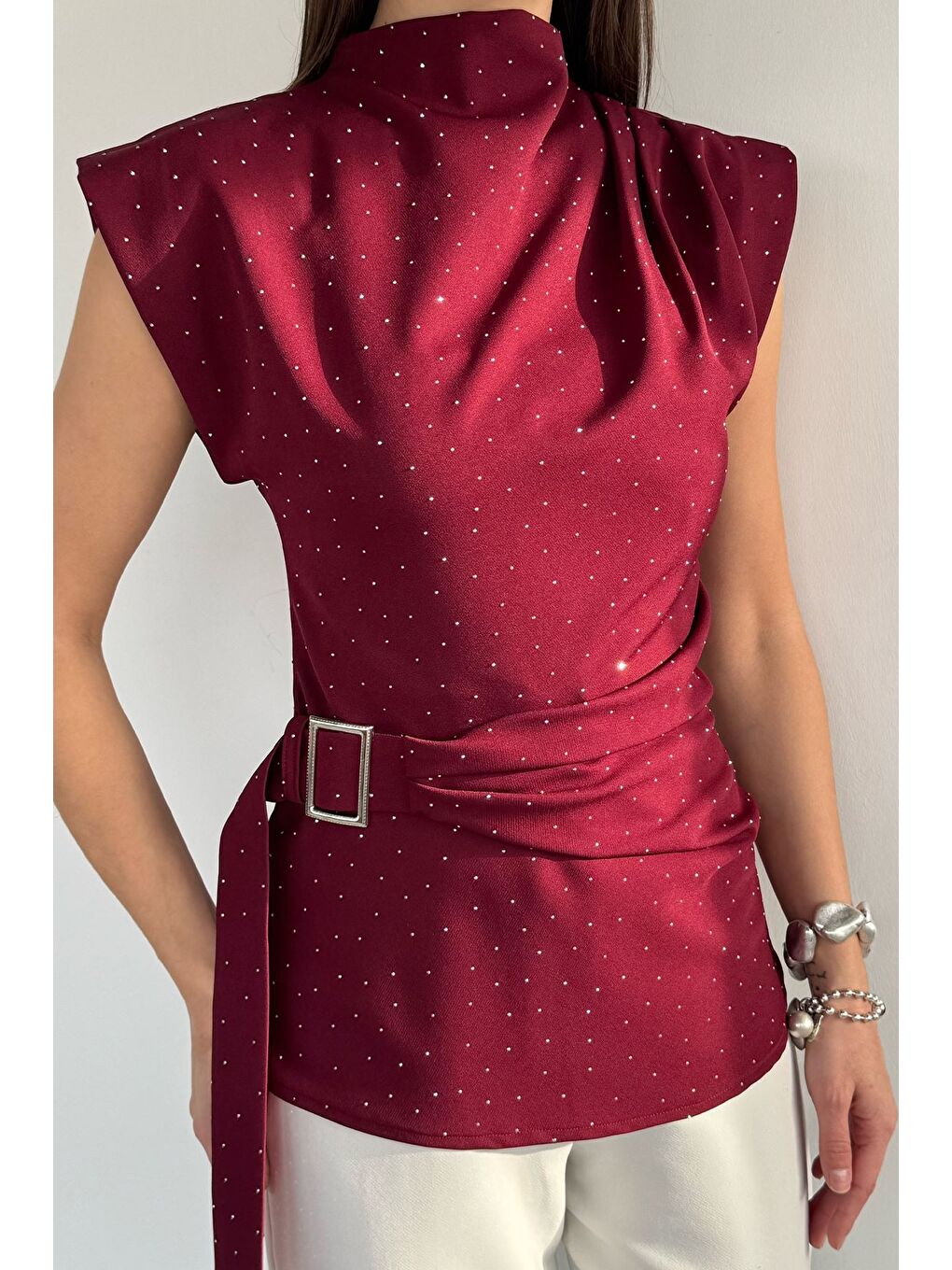 Bordo Kadın Taşlı Kemer Detaylı Bluz-2