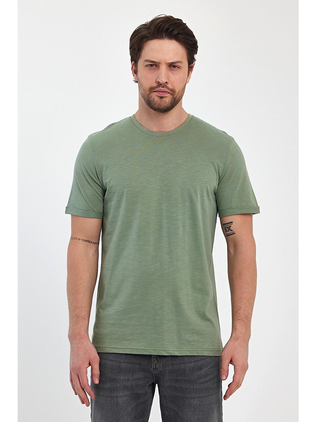 Yeşil Erkek Bisiklet Yaka  Tişört 2735