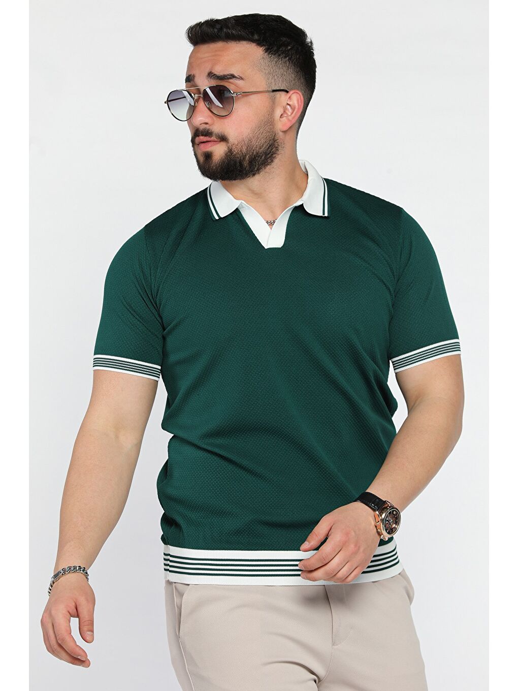 Yeşil Erkek Polo Yaka Desenli Triko Tişört-1