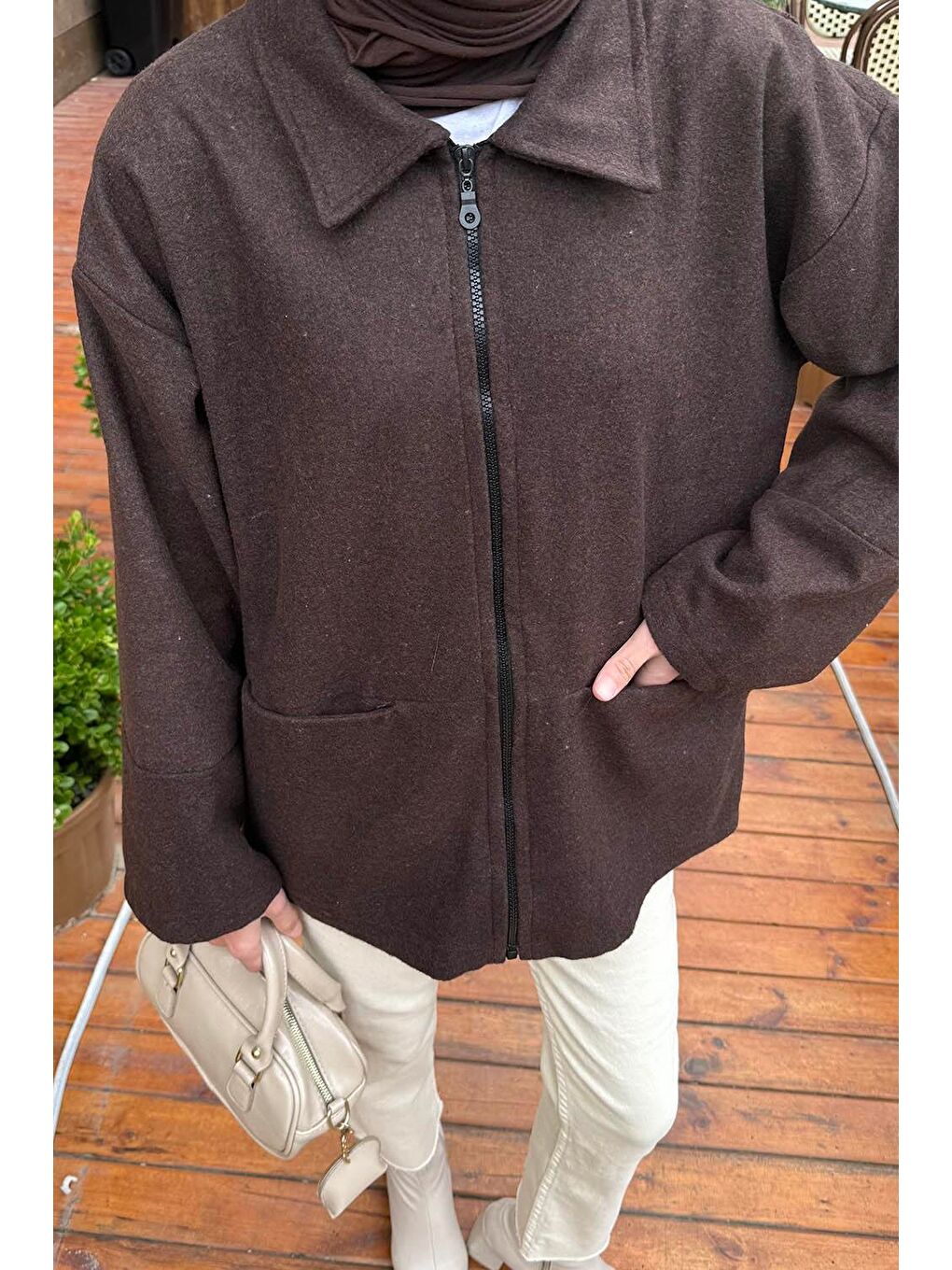 Fermuarlı Tesettür Ceket Acı Kahverengi-2