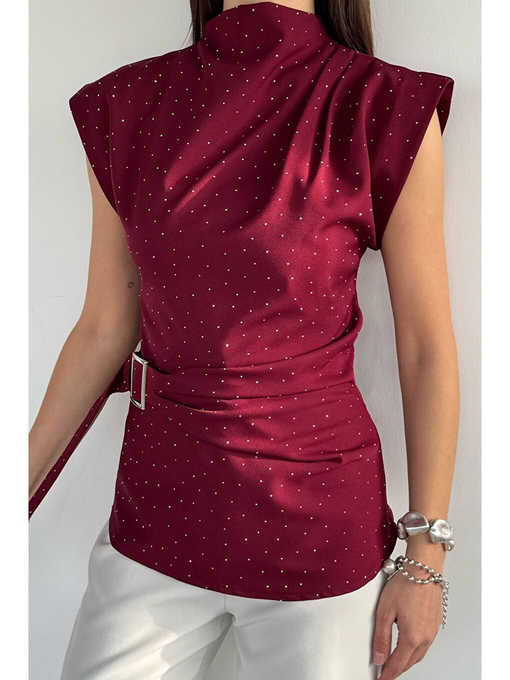 Bordo Kadın Taşlı Kemer Detaylı Bluz-3