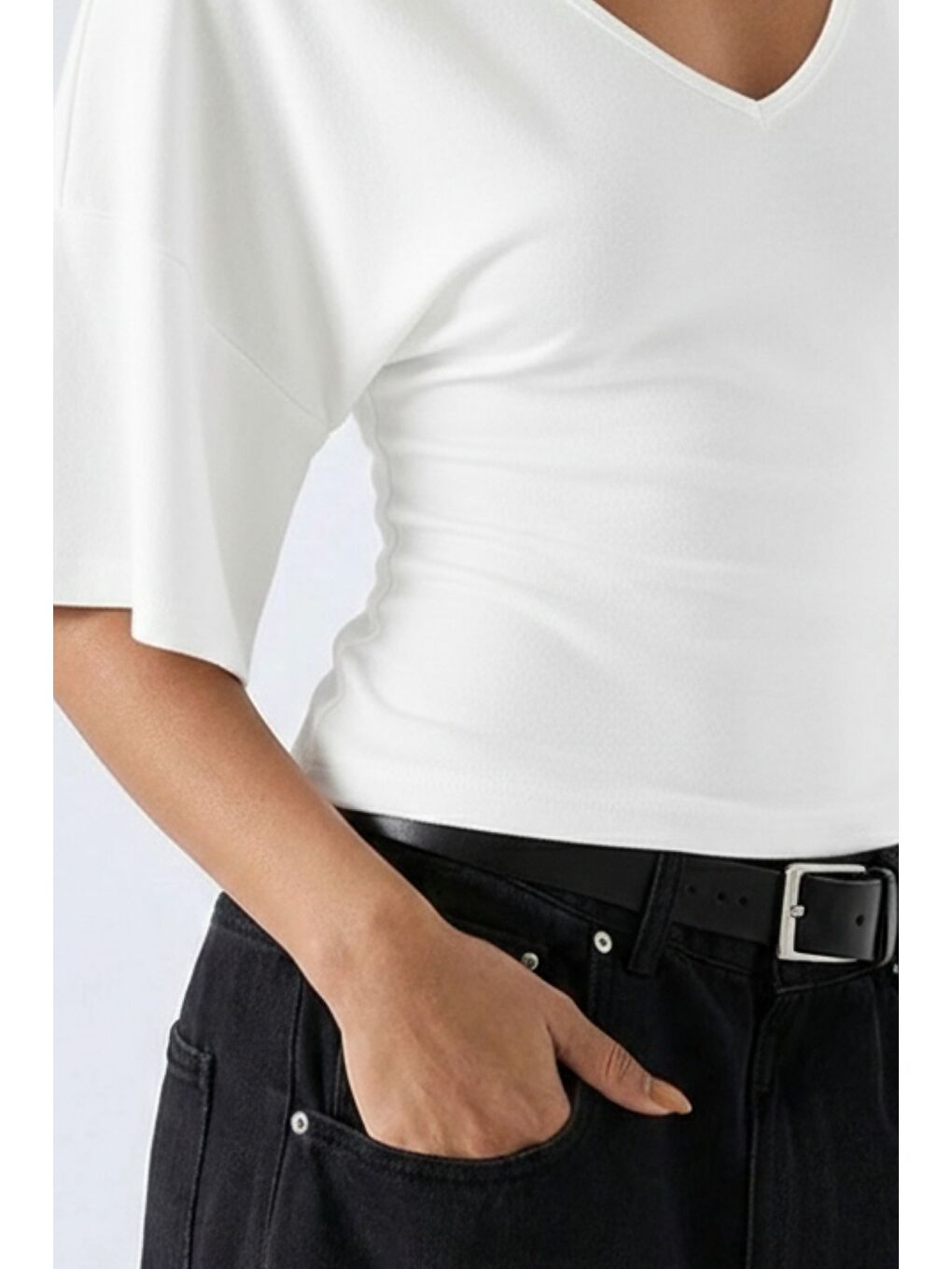 Beyaz Kadın Yarasa Kol V Yaka Elastanlı Bluz & Tişört-2