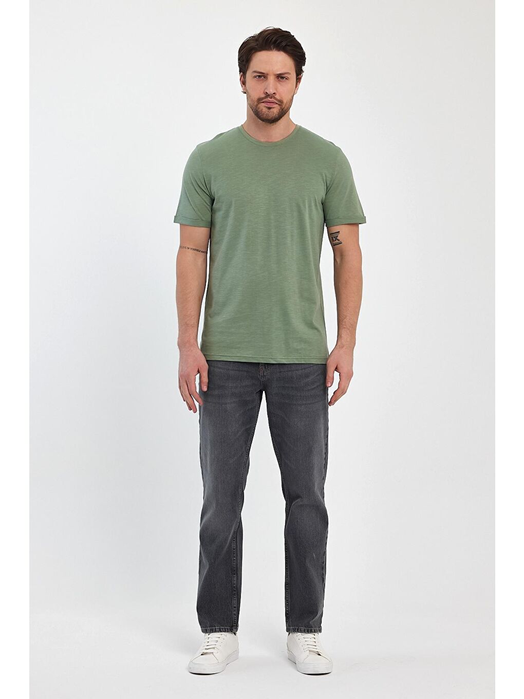 Yeşil Erkek Bisiklet Yaka  Tişört 2735-1