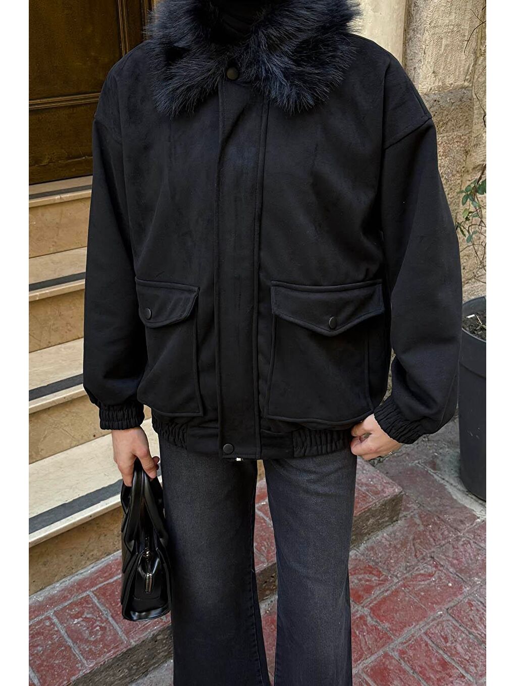 Kürk Yaka Cepli Mont Siyah-2