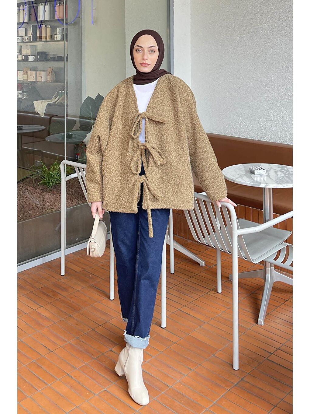 Kahverengi Bağlamalı Kaşe Kimono Camel