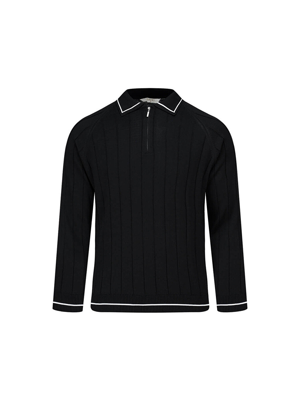 Siyah Ragular Fit Fermuarlı Polo Yaka Rayon Triko Kazak