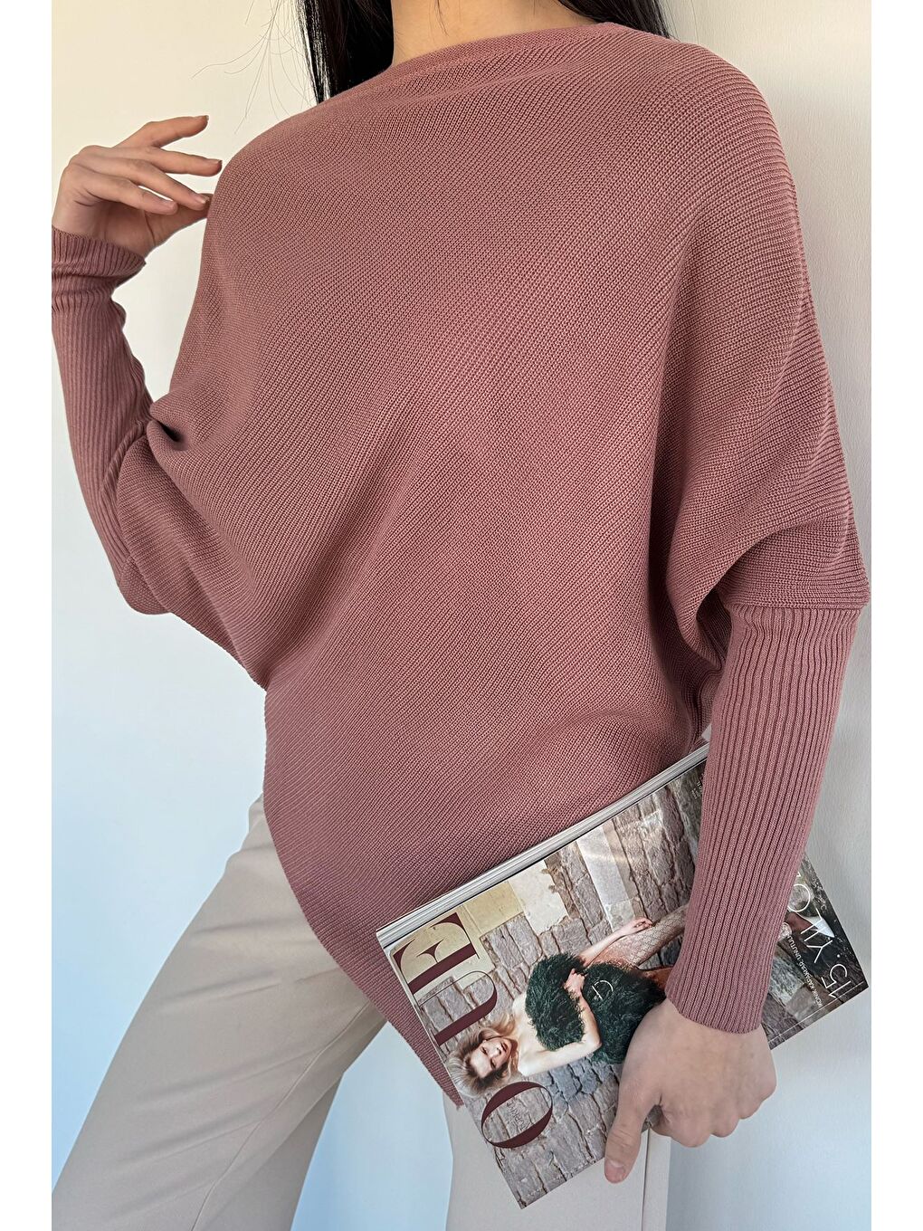 Pembe Asimetrik Kesim Triko Kazak-1