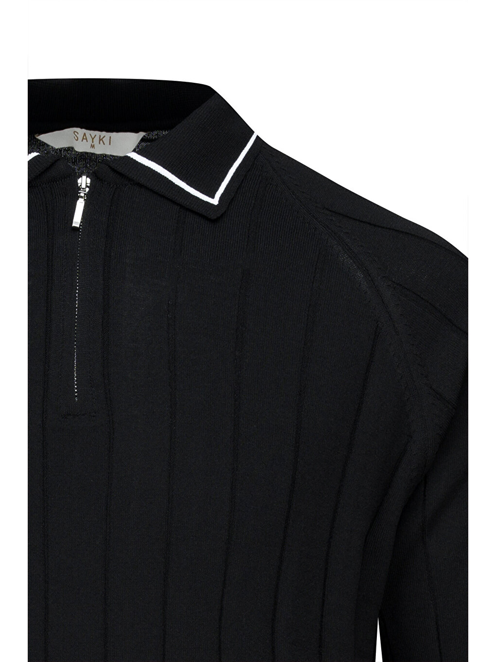 Siyah Ragular Fit Fermuarlı Polo Yaka Rayon Triko Kazak-3