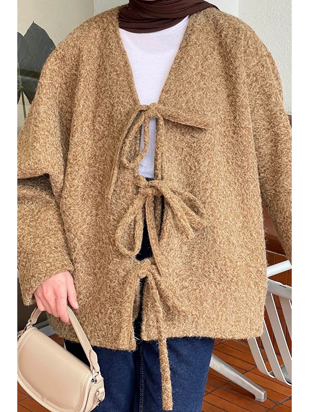 Kahverengi Bağlamalı Kaşe Kimono Camel-2