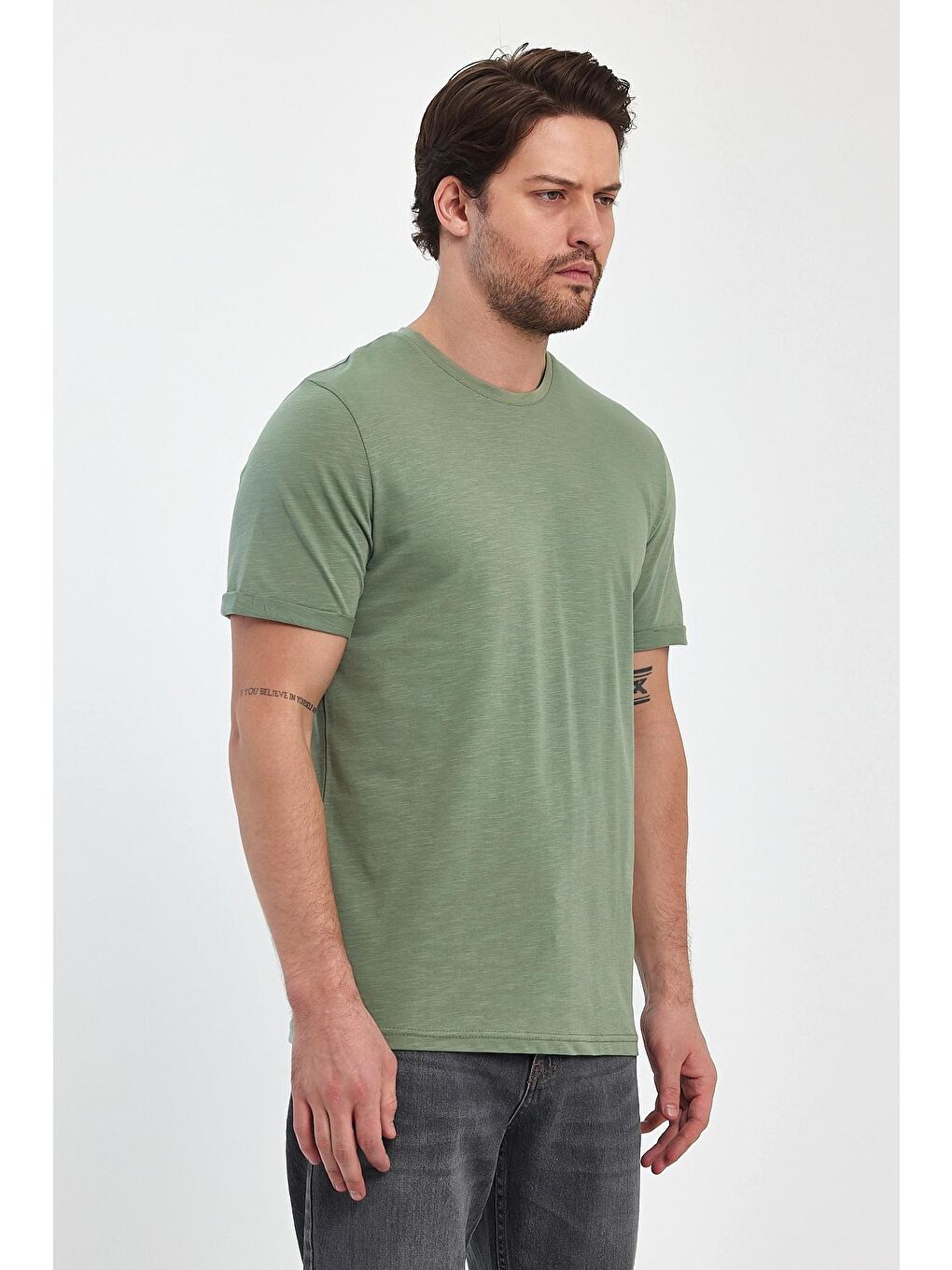 Yeşil Erkek Bisiklet Yaka  Tişört 2735-4