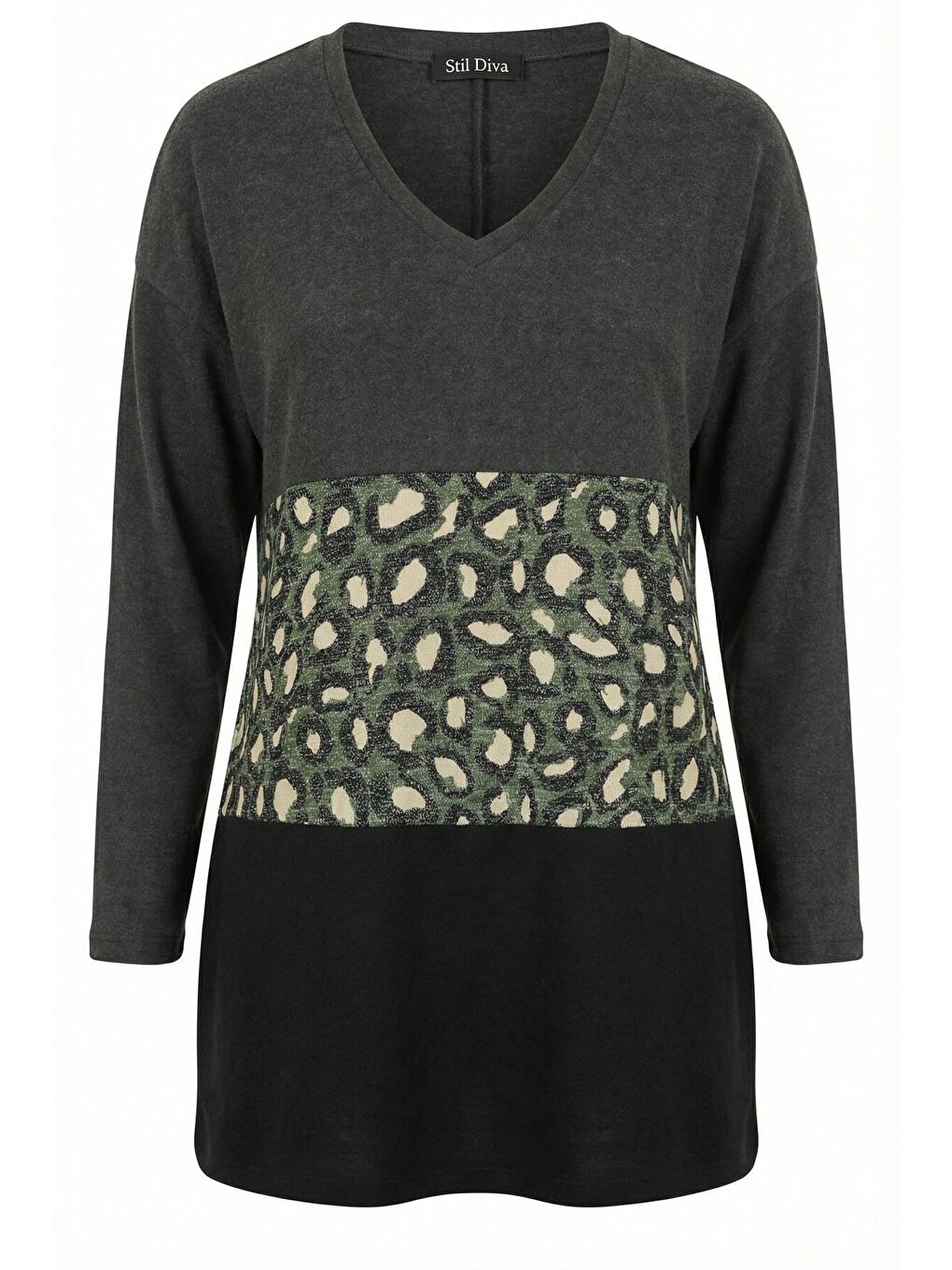 Gri Büyük Beden Renk Bloklu Leopar Desenli Yumoş Kazak 303863-5