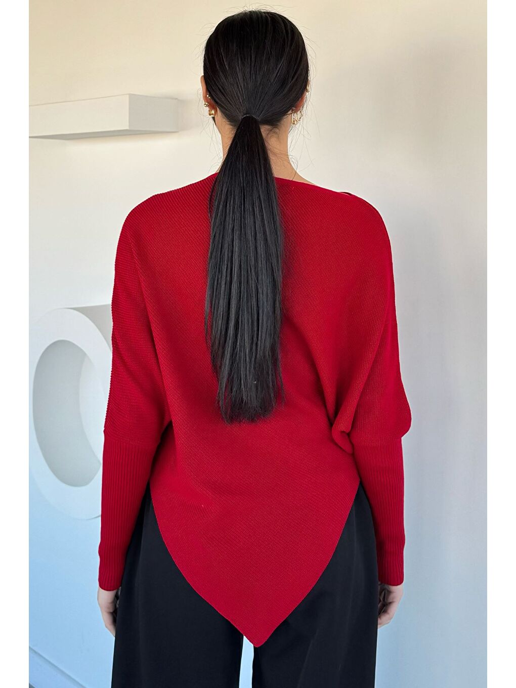 Kırmızı Asimetrik Kesim Triko Kazak-3