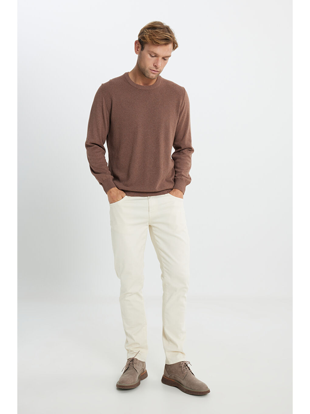 Bej Erkek Vizon Pamuklu Standart Fit Normal Kesim Bisiklet Yaka Jakarlı Triko Kazak-1