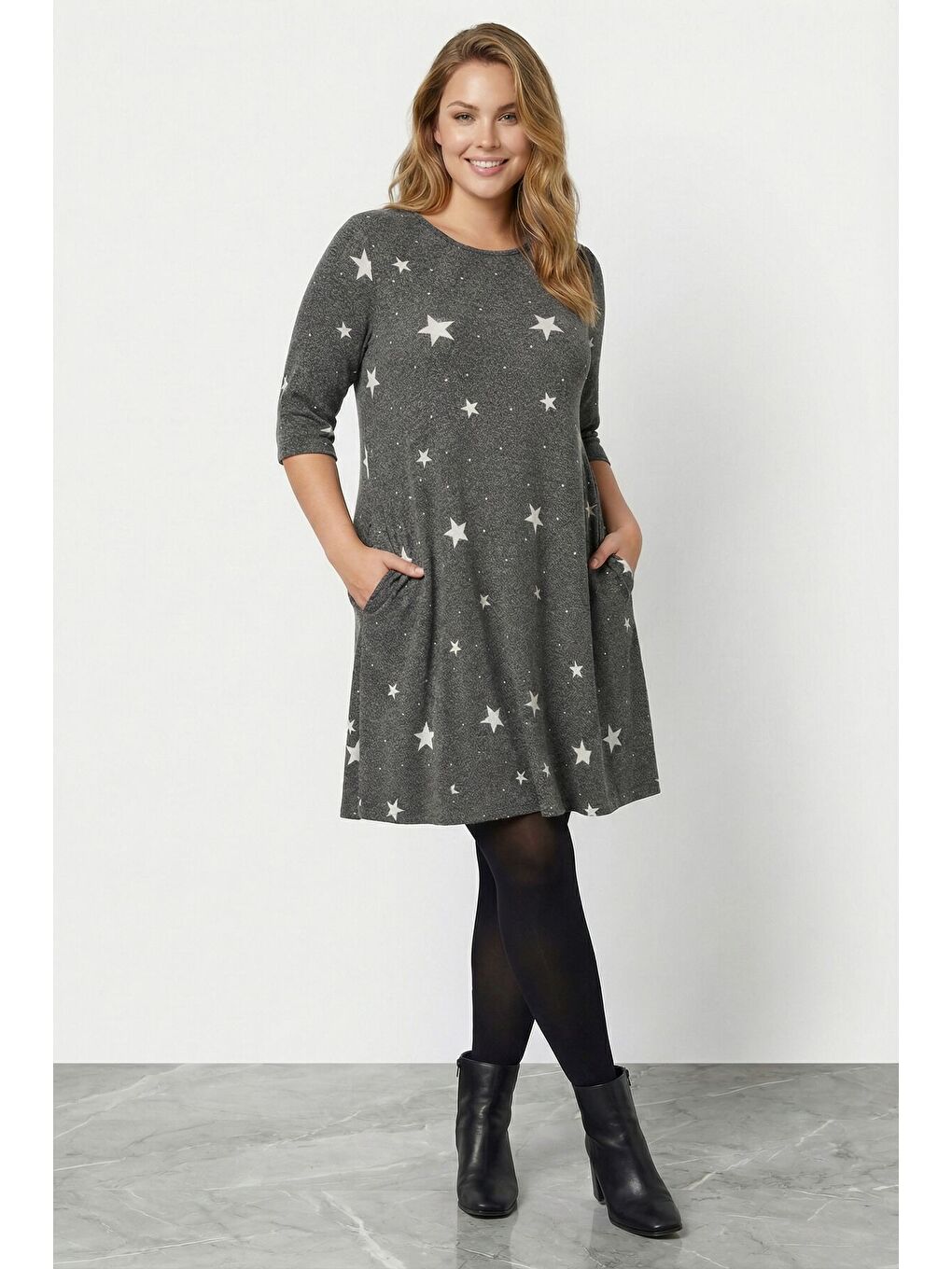 Büyük Beden Yumuşak Dokulu Gri Elbise 304282