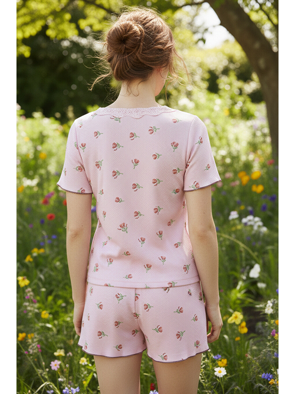 Pembe Somon Desenli Dantelli Bürümcük-krınkıl Kısa Kollu Şortlu Pijama Takım 26120227-1