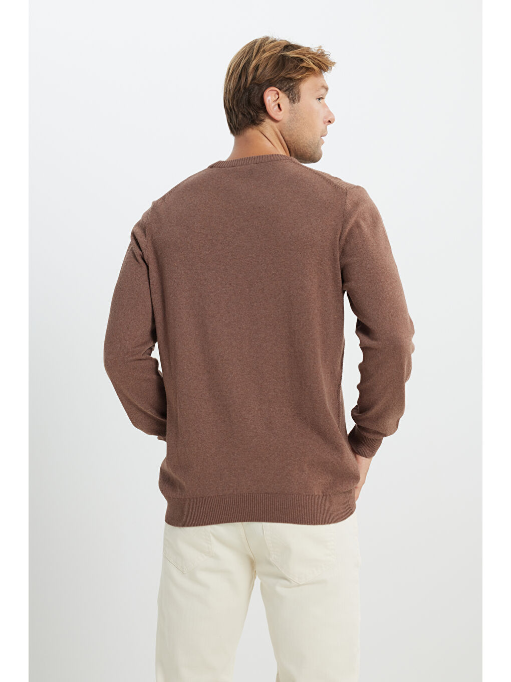 Bej Erkek Vizon Pamuklu Standart Fit Normal Kesim Bisiklet Yaka Jakarlı Triko Kazak-5