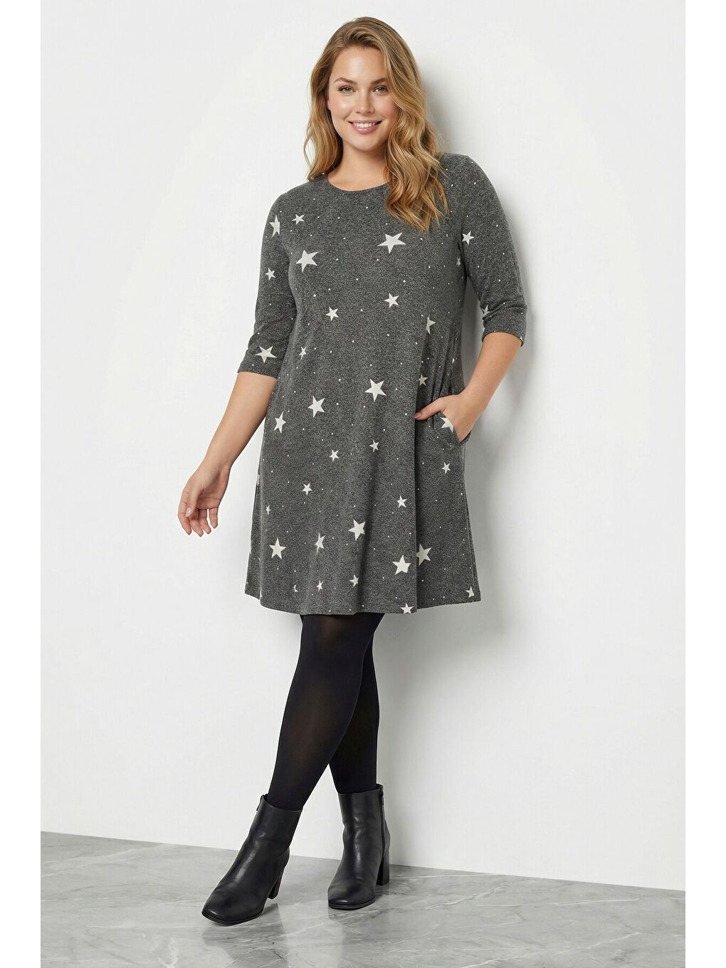 Büyük Beden Yumuşak Dokulu Gri Elbise 304282-1