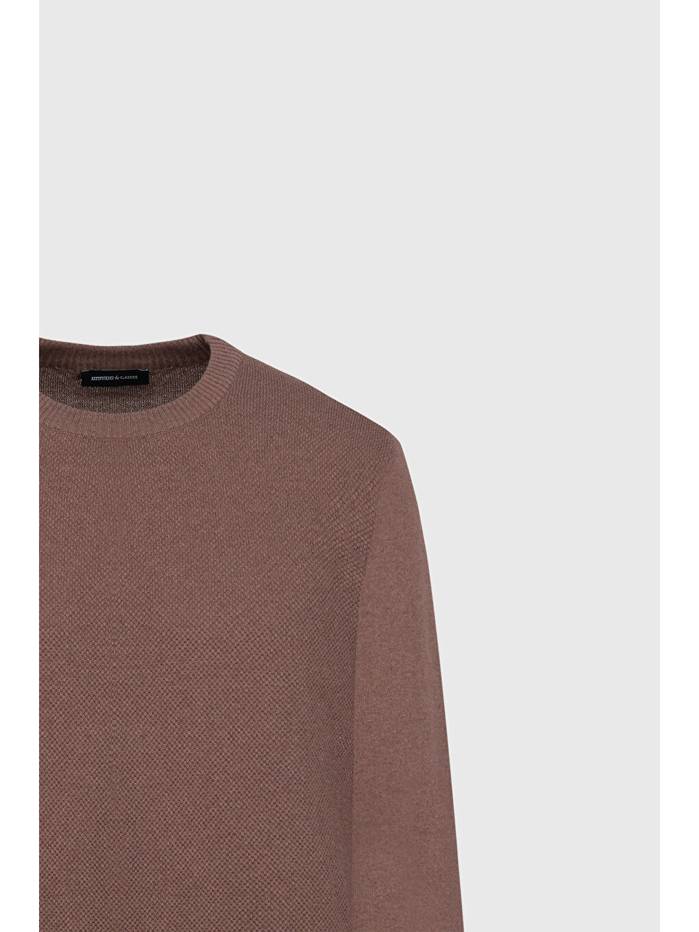 Bej Erkek Vizon Pamuklu Standart Fit Normal Kesim Bisiklet Yaka Jakarlı Triko Kazak-7