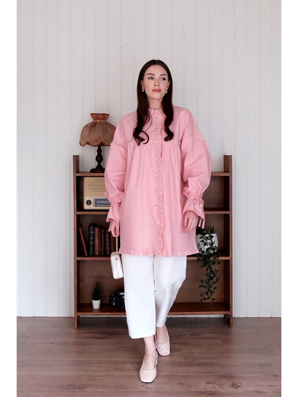Ceylan Otantik Pudra Pembe Kolu Büzgülü Gömlek - 4