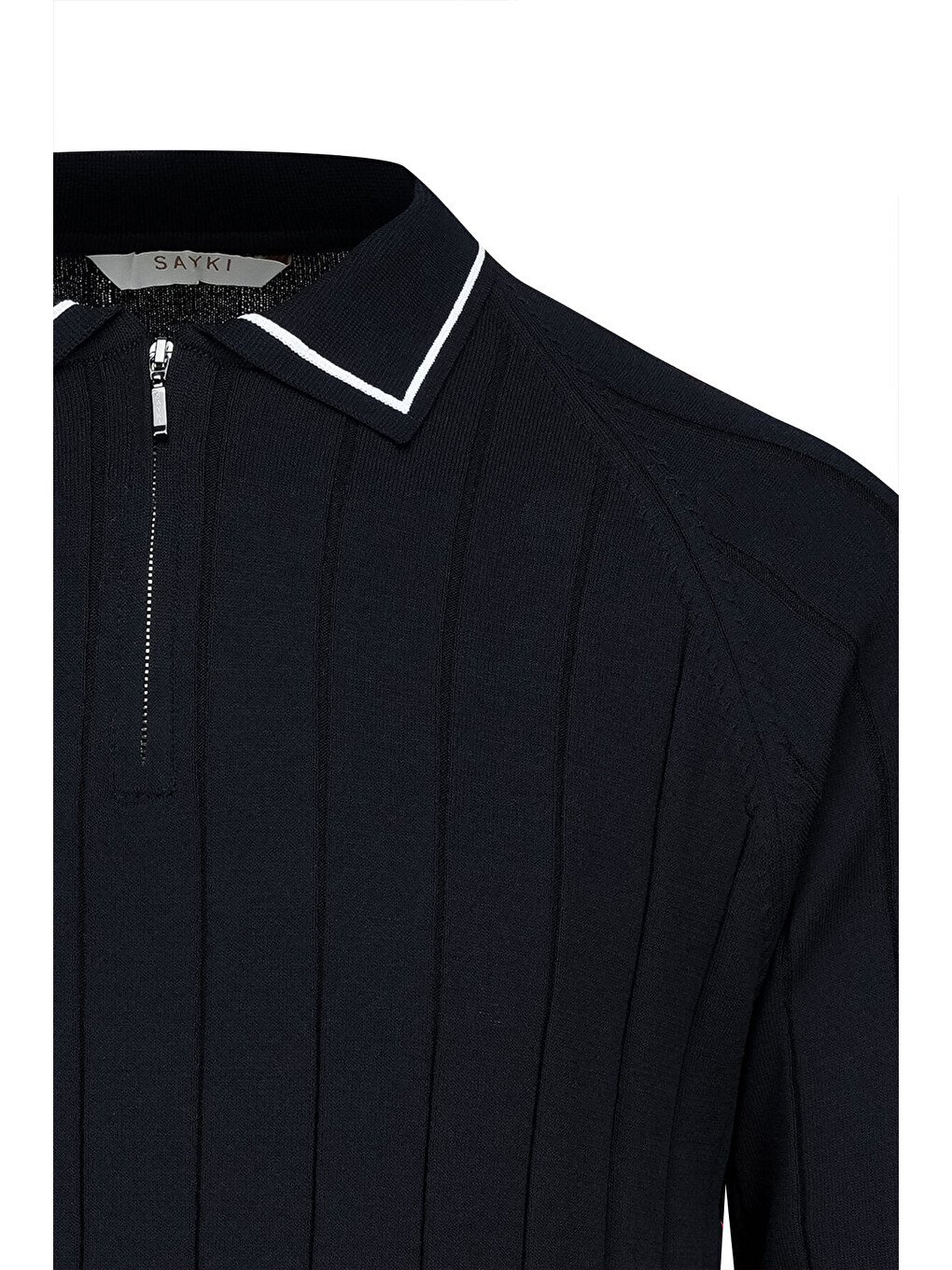 Lacivert Ragular Fit Fermuarlı Polo Yaka Rayon Triko Kazak-1
