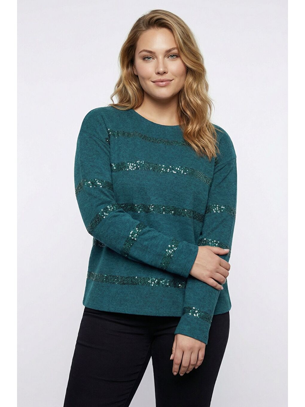 Büyük Beden Payet Şeritli Yumoş Yeşil Kazak 502732-1