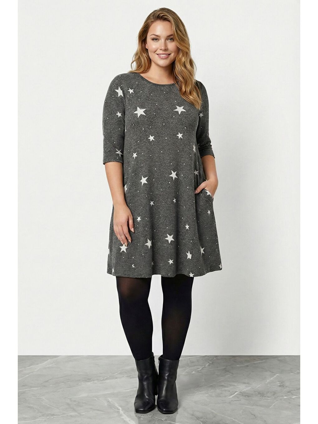 Büyük Beden Yumuşak Dokulu Gri Elbise 304282-3