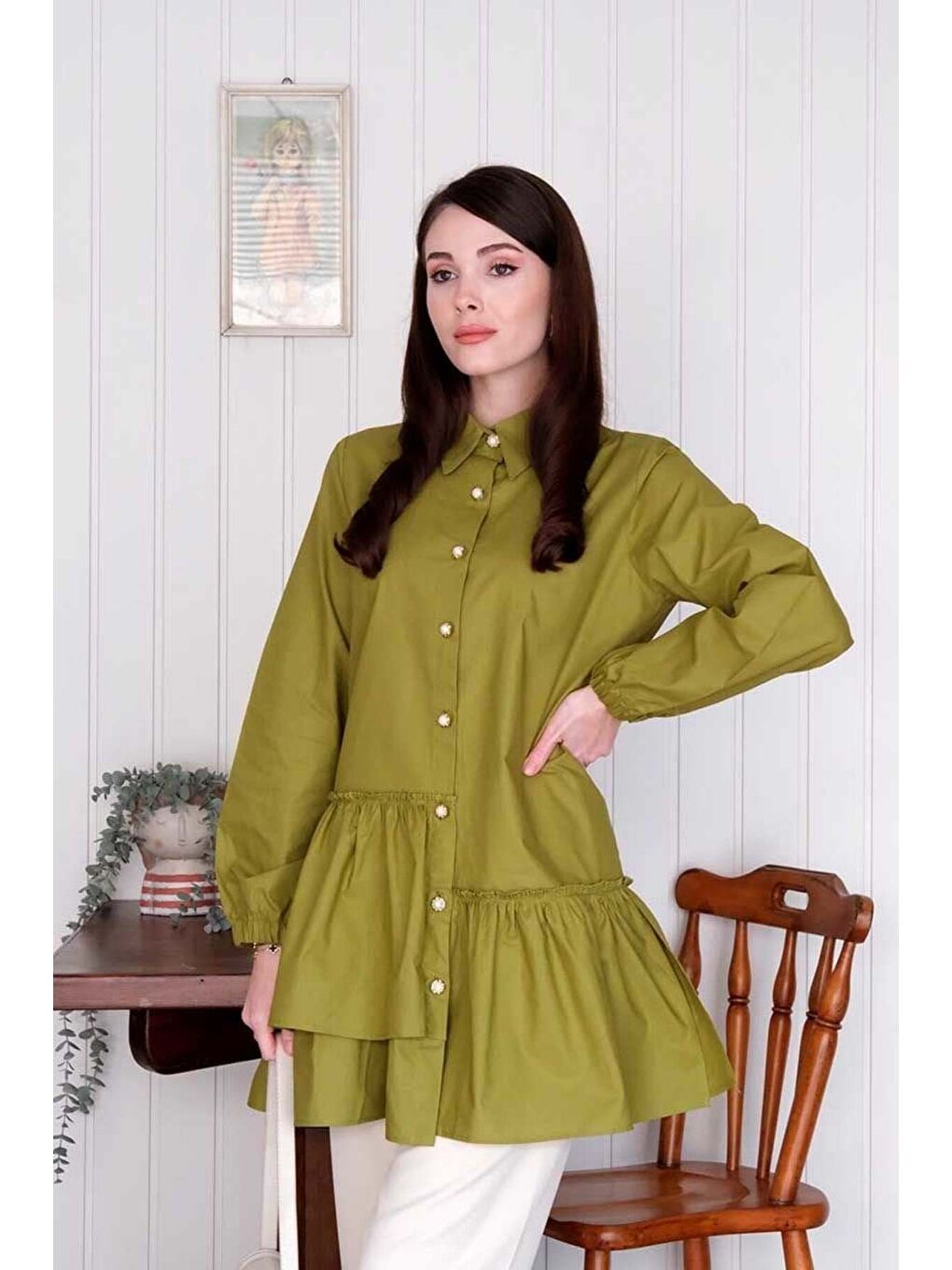 Fıstık Yeşili Asimetrik Gömlek-1