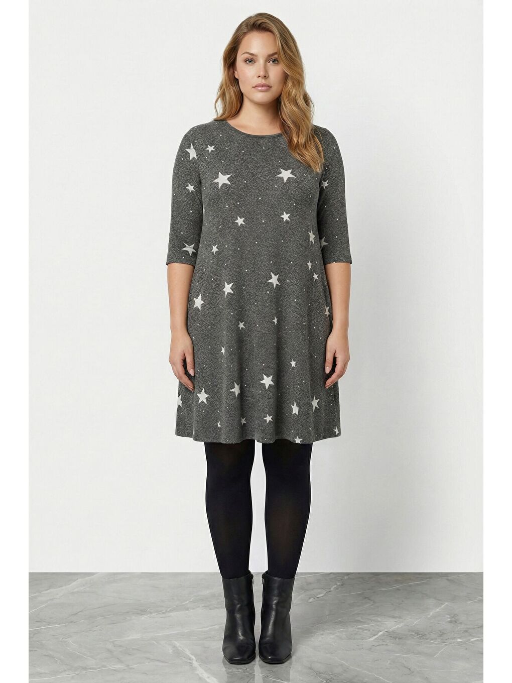 Büyük Beden Yumuşak Dokulu Gri Elbise 304282-4