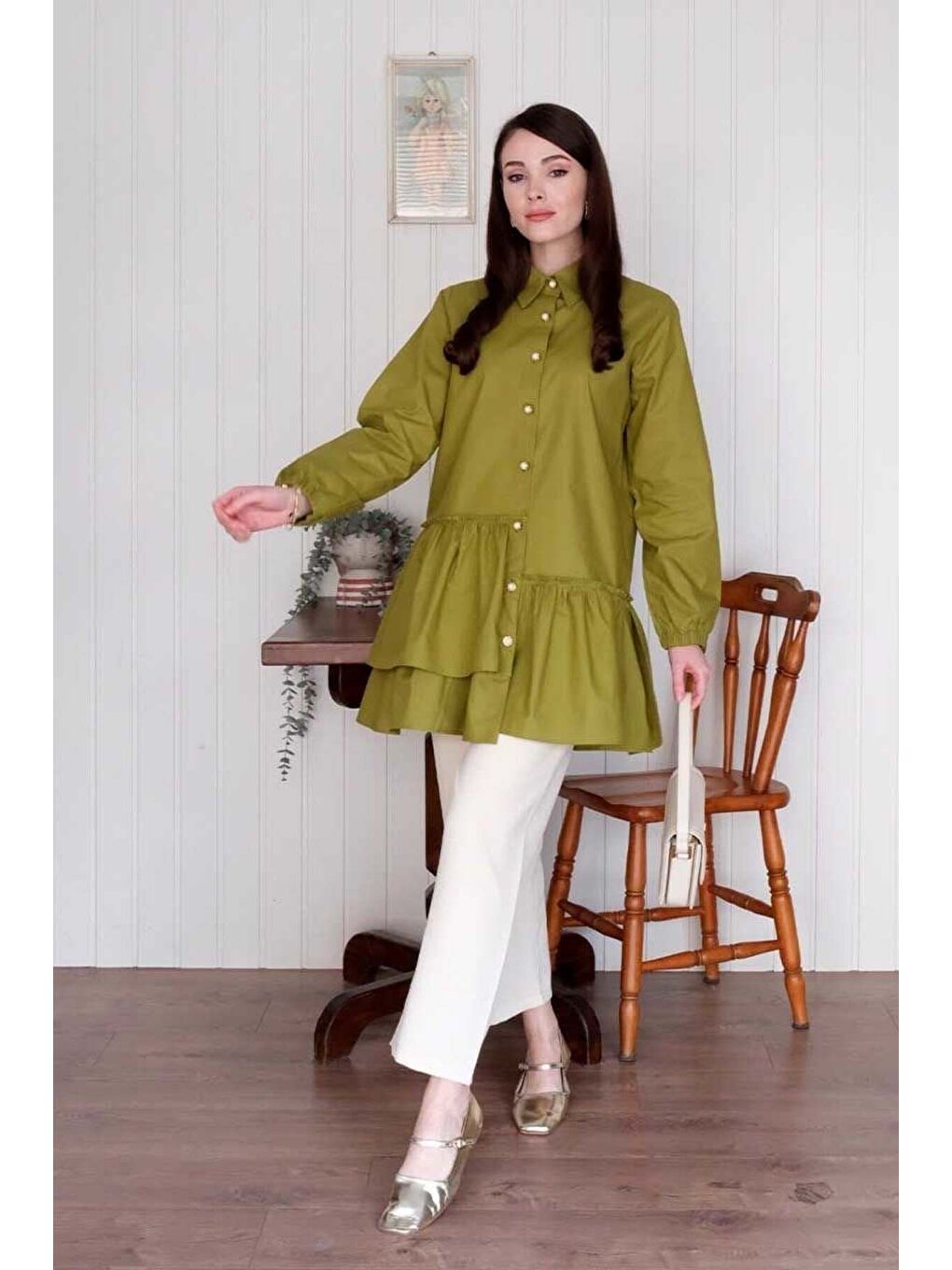 Fıstık Yeşili Asimetrik Gömlek-2