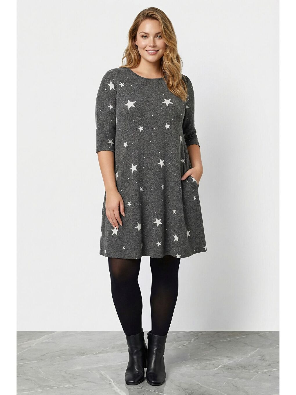 Büyük Beden Yumuşak Dokulu Gri Elbise 304282-5