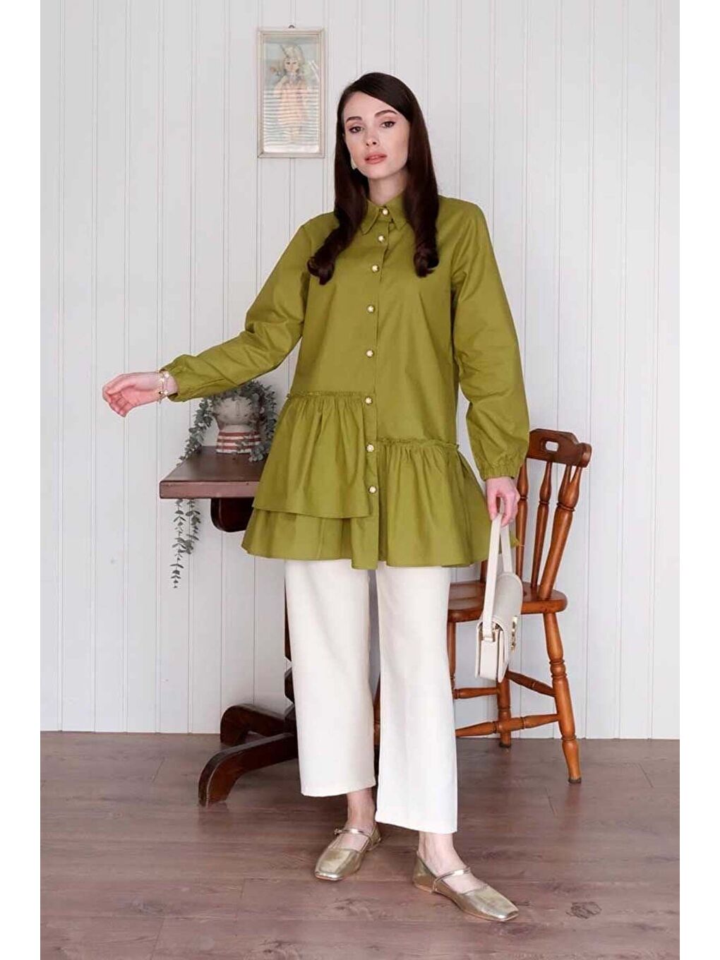 Fıstık Yeşili Asimetrik Gömlek-3