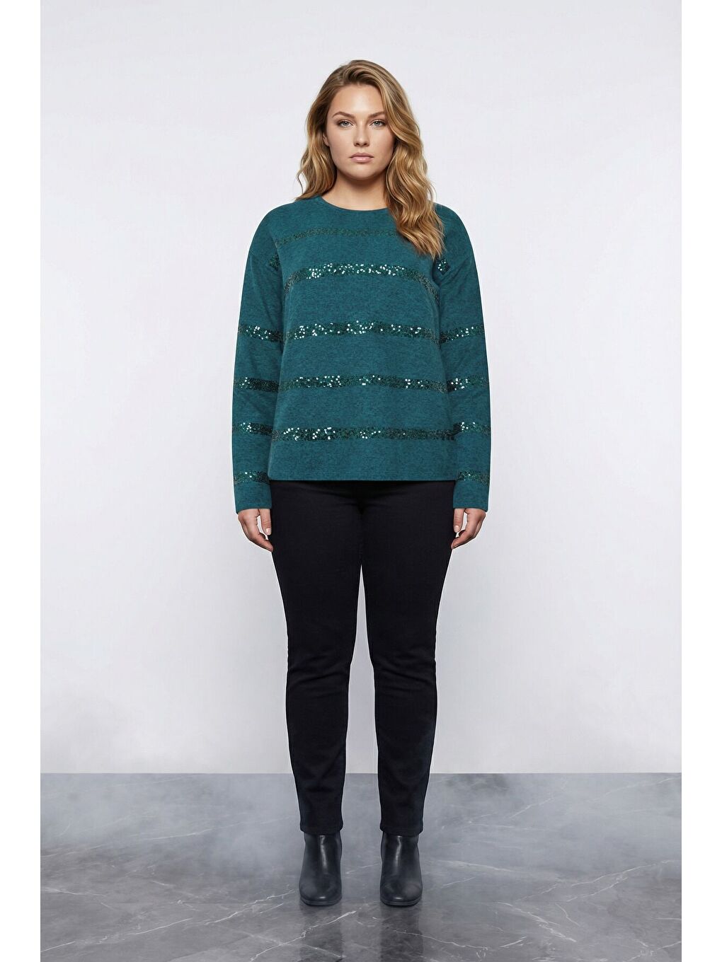 Büyük Beden Payet Şeritli Yumoş Yeşil Kazak 502732-3