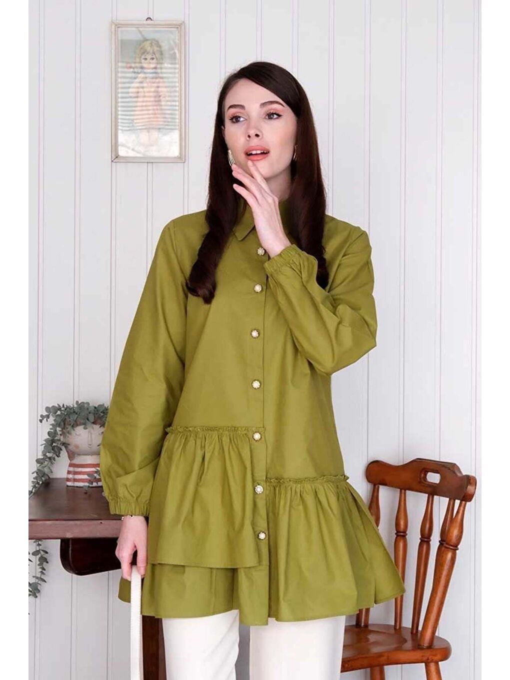Fıstık Yeşili Asimetrik Gömlek-5