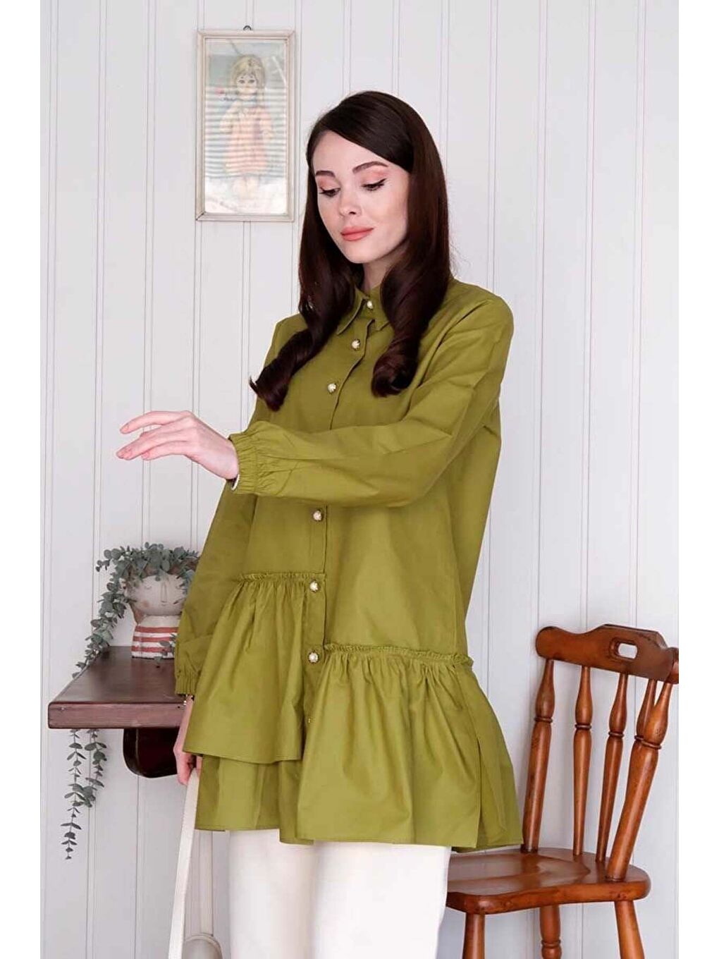 Fıstık Yeşili Asimetrik Gömlek-6