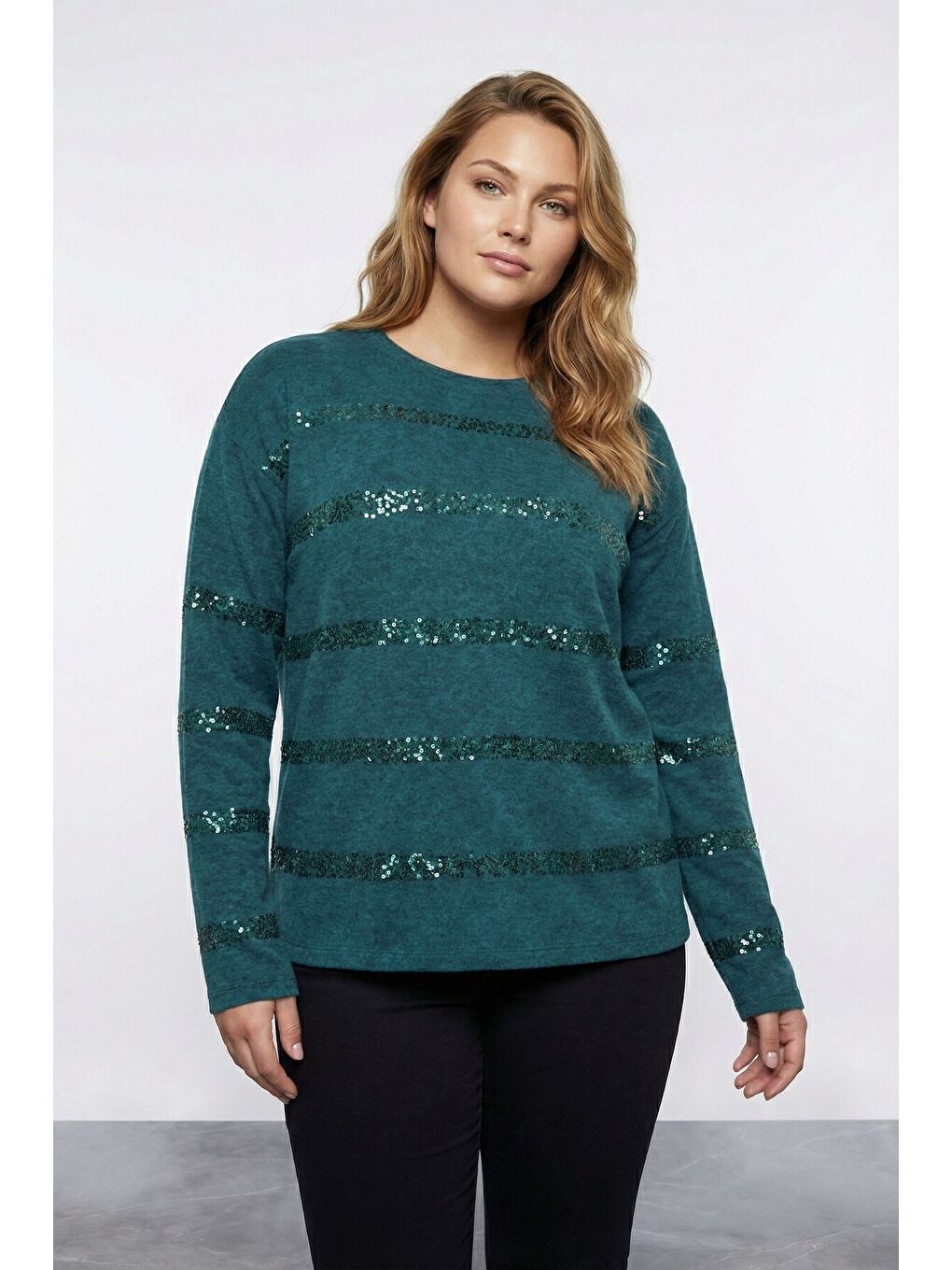 Büyük Beden Payet Şeritli Yumoş Yeşil Kazak 502732-4