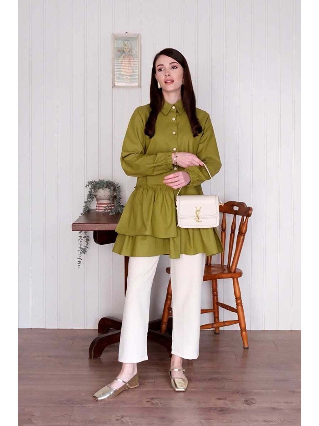 Fıstık Yeşili Asimetrik Gömlek-7