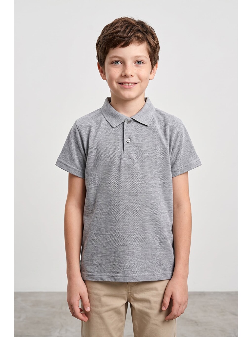 Gri Basic Polo Yaka Unisex Çocuk Tişört