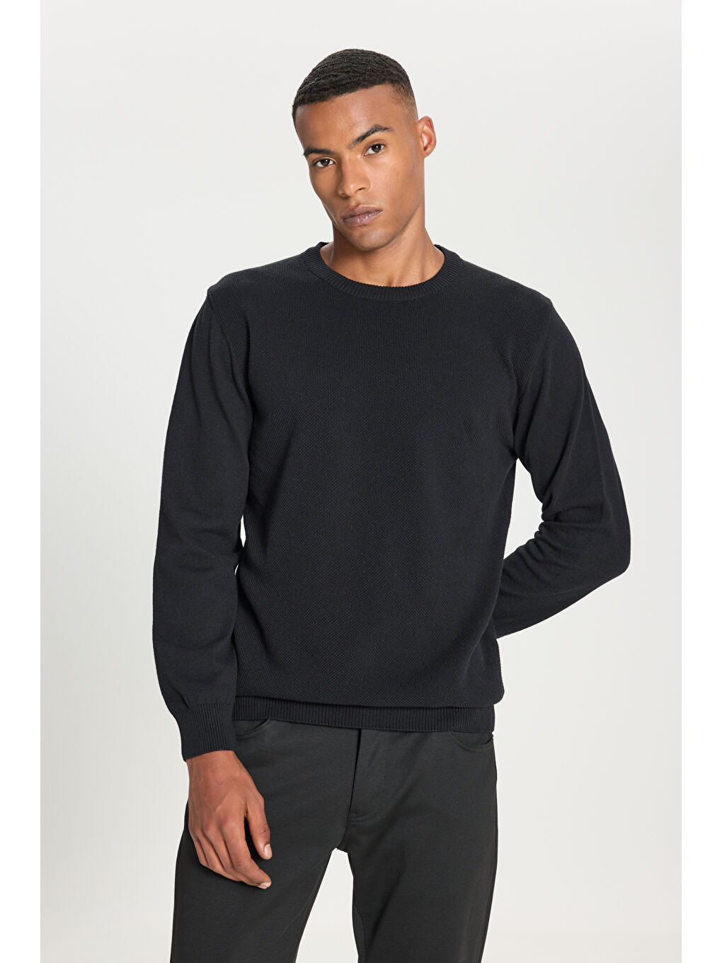 Erkek Siyah Pamuklu Standart Fit Normal Kesim Bisiklet Yaka Jakarlı Triko Kazak