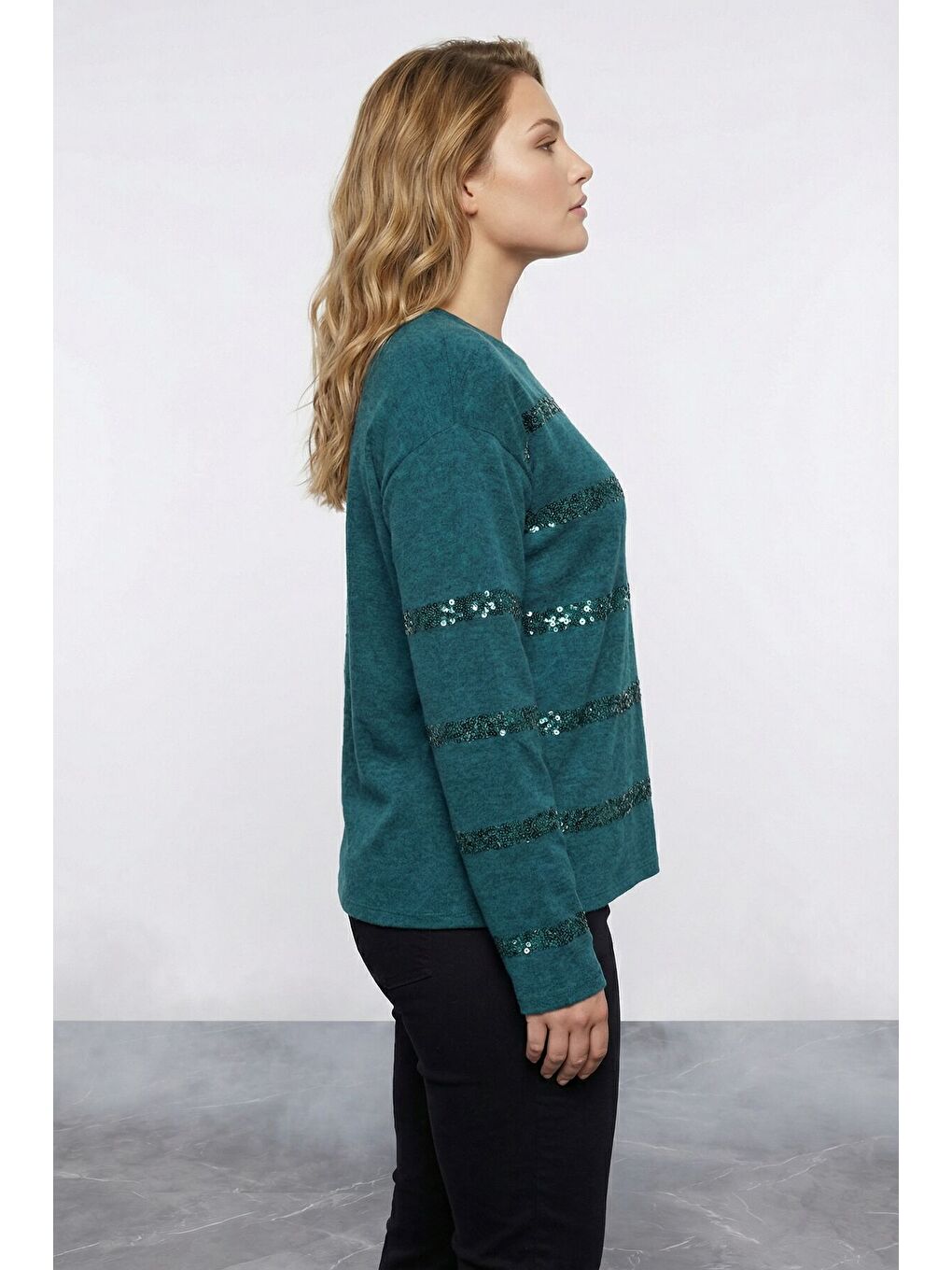 Büyük Beden Payet Şeritli Yumoş Yeşil Kazak 502732-5