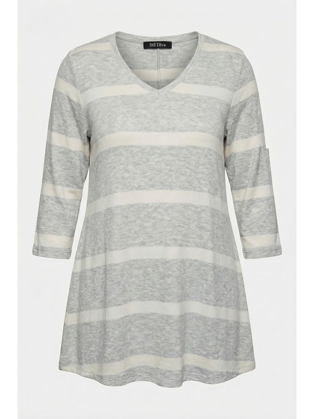 Gri Büyük Beden V Yaka Eteği Bollaşan Çizgili Uzun Bluz 304028-6