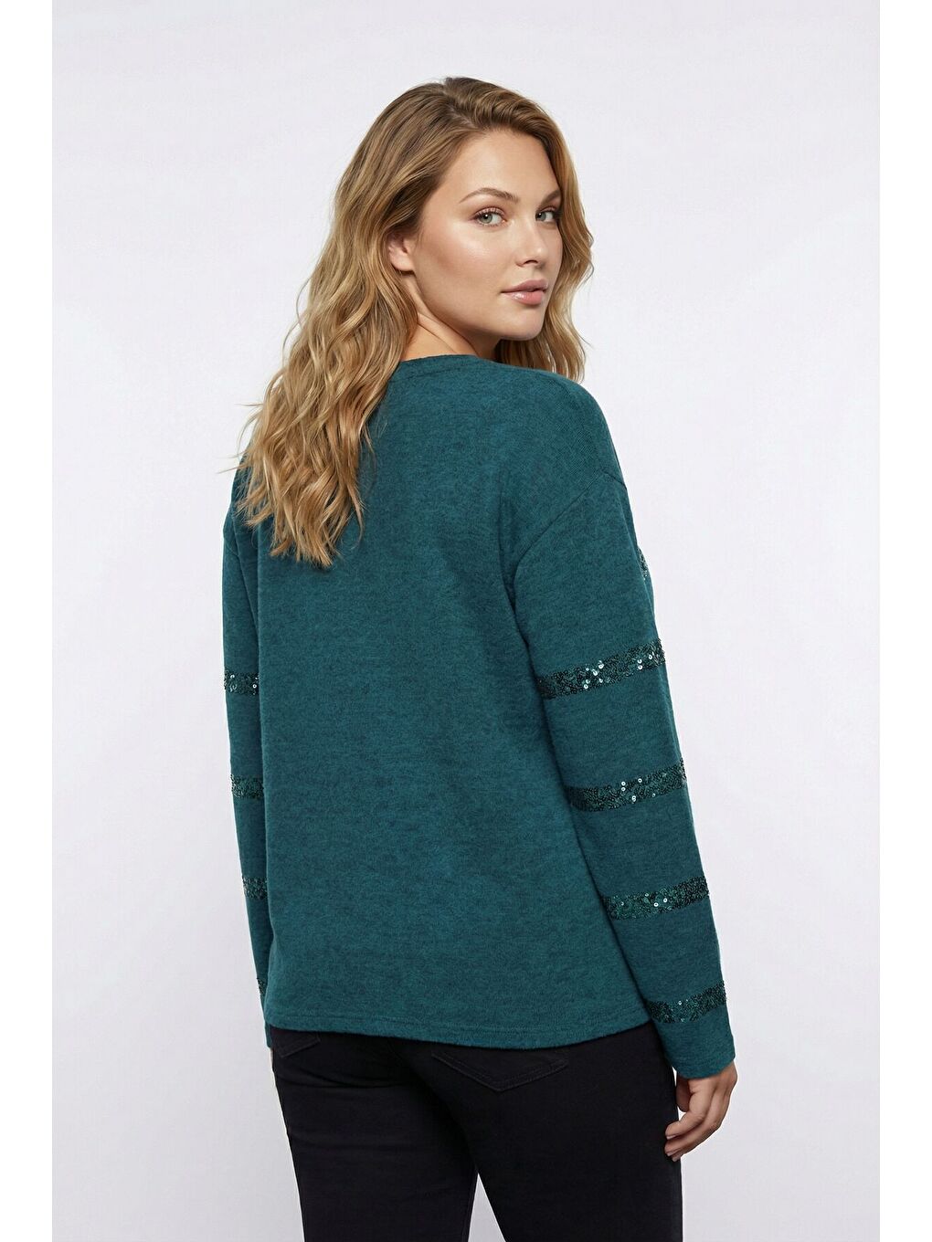 Büyük Beden Payet Şeritli Yumoş Yeşil Kazak 502732-6