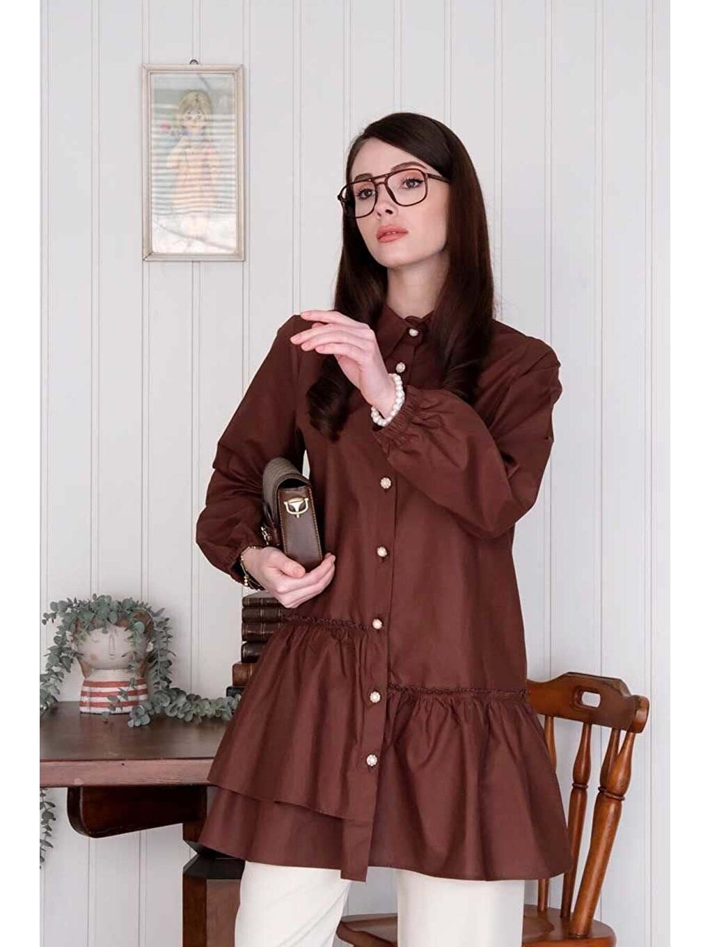 Kahverengi Acı Kahve Asimetrik Gömlek-1