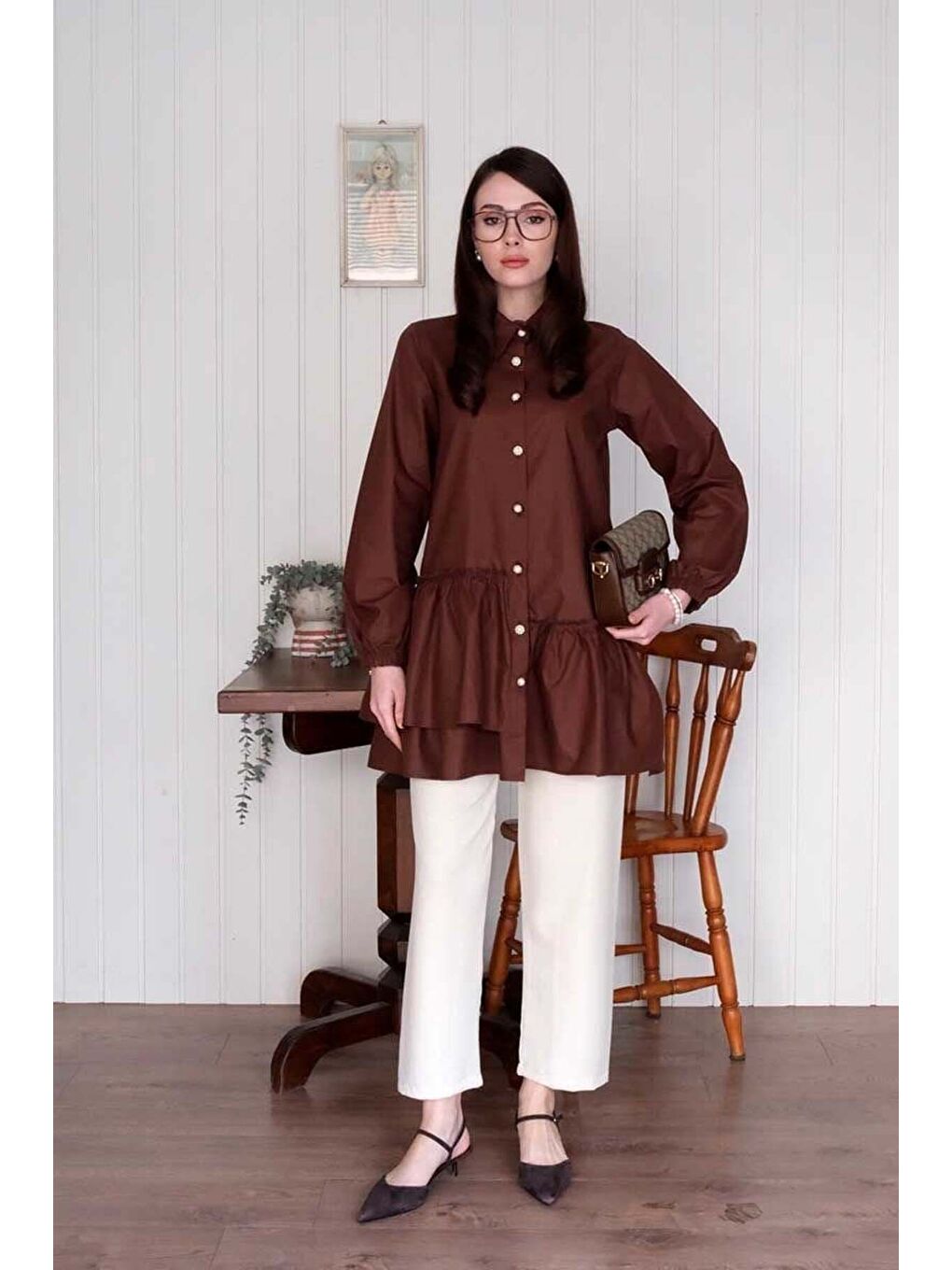 Kahverengi Acı Kahve Asimetrik Gömlek-2