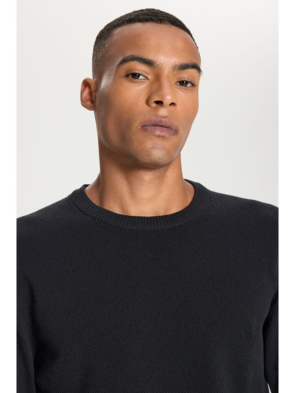 Erkek Siyah Pamuklu Standart Fit Normal Kesim Bisiklet Yaka Jakarlı Triko Kazak-3